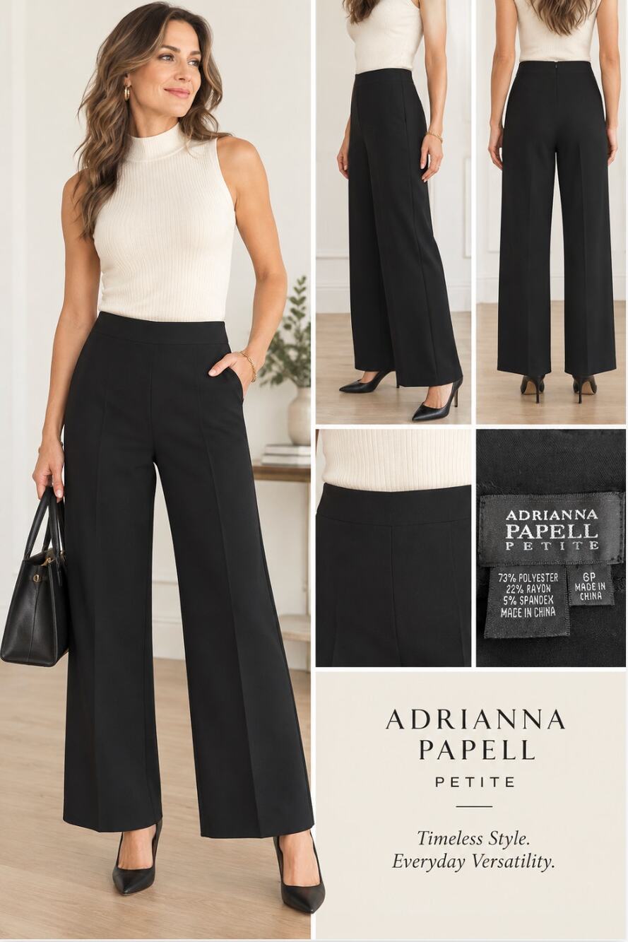 Adrianna Papell Petite Wide Leg Trousers Black Stretch Career Pants 6P Back Zip